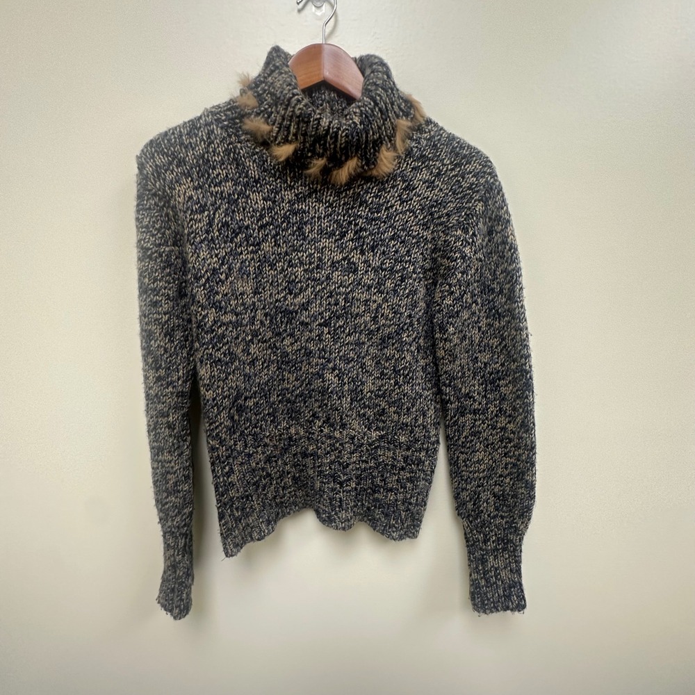 Bandolera Women Blue Tan Marled Chunky Knit Turtleneck Sweater Faux Fur Trim M